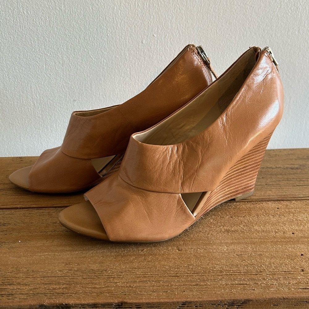 Franco Sarto Tan Leather Peep-Toe Heels